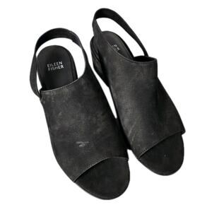 Eileen Fisher Leigh Asymmetrical Slingback Sandal Size 8 Black Suede